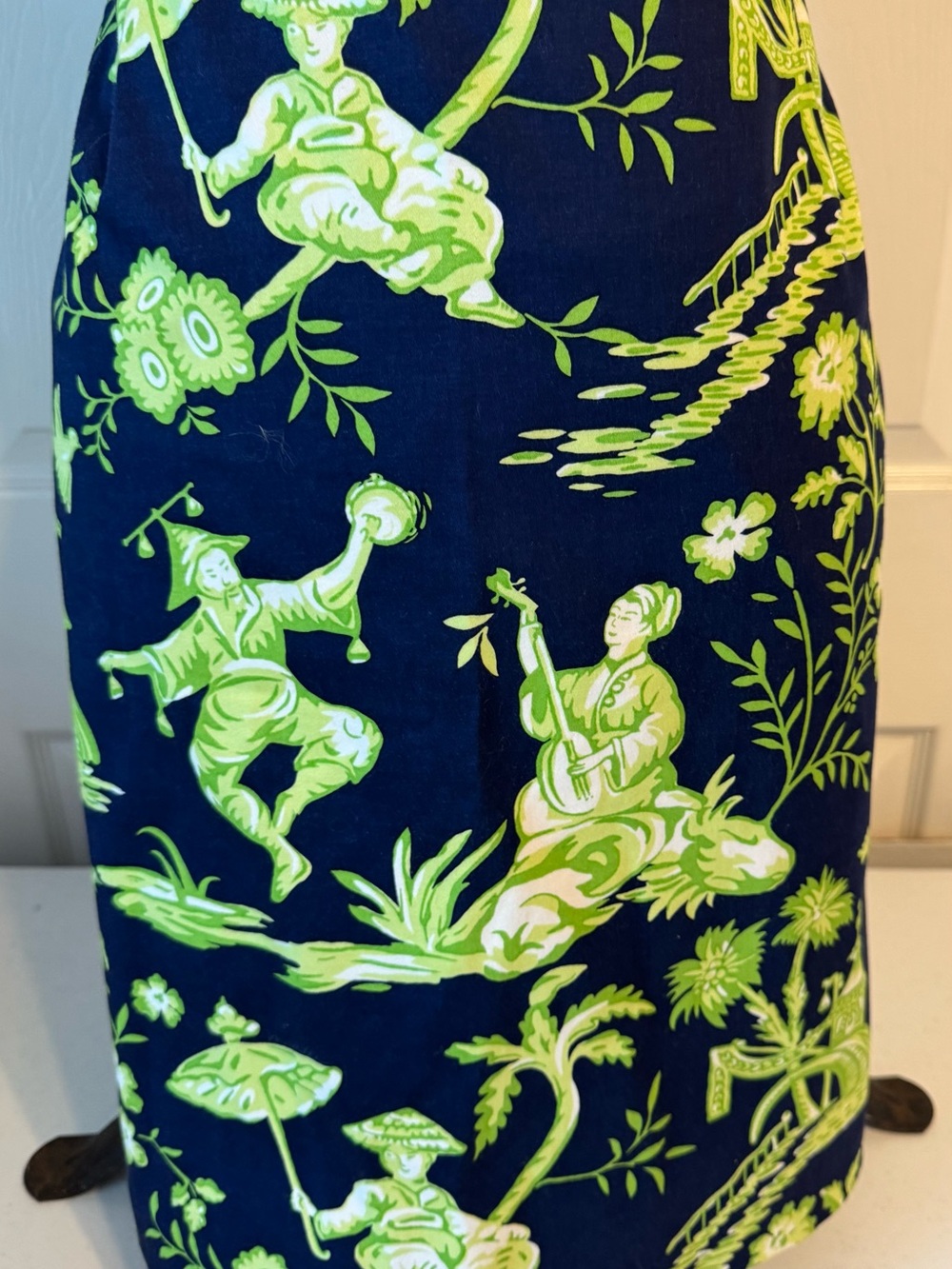 Melly M Navy/Lime Green Asian-Inspired Print lined Skirt size 4 cotton